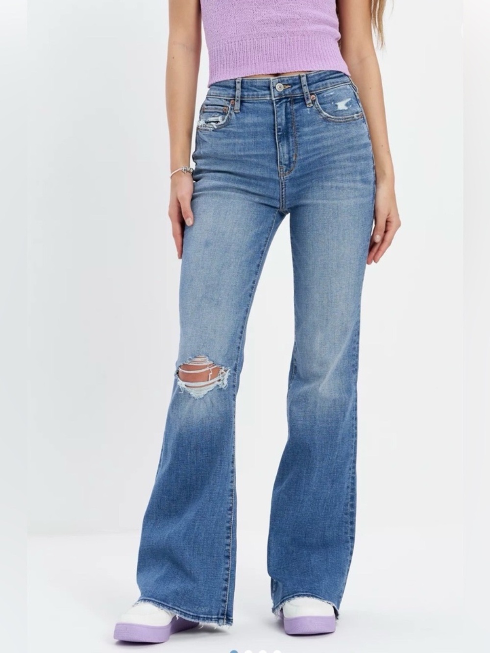 American Eagle Ne(x)t Level Stretch Ripped Super Hi-Rise Flare Denim Jeans Sz 4